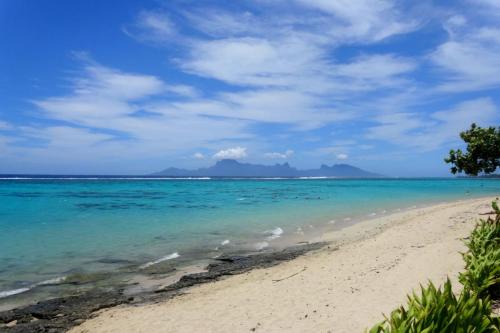 una playa con el océano y las montañas en el fondo en Vaiava Beach Carlton- Tahiti - beachfront luxury residence & pool - 4 pers, en Punaauia