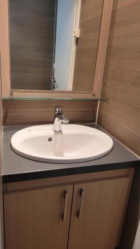 lavabo blanco en el baño con espejo en Mobil home Nature, en Braucourt
