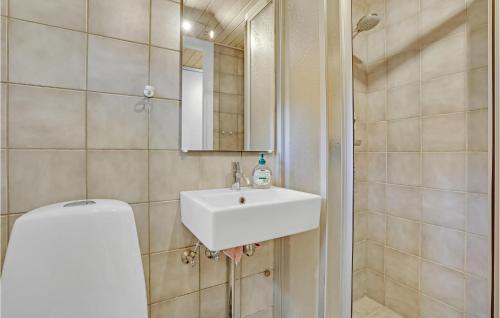 ein Badezimmer mit einem weißen Waschbecken und einem Spiegel in der Unterkunft 2 Bedroom Stunning Home In Kalvehave in Kalvehave