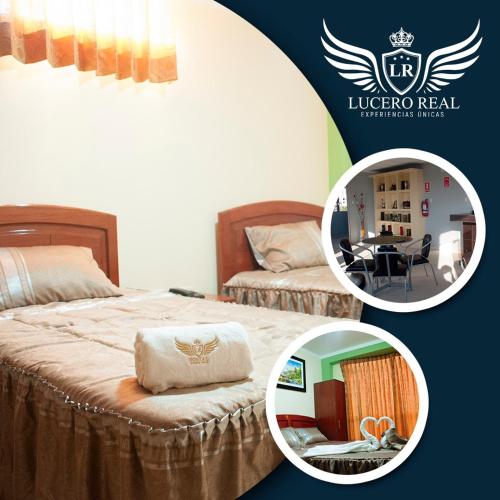 two pictures of a hotel room with two beds at HOTEL LUCERO REAL in Tacna
