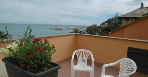 two white chairs and a potted plant on a balcony at Hotel Riviera in Arenzano