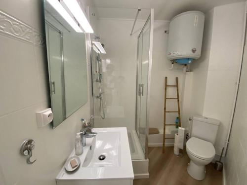 une salle de bain avec un lavabo, une douche et des toilettes dans l'établissement Studio spacieux 2 personnes avec parking, proche plage - Barcarès - FR-1-81-567, au Barcarès