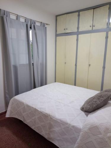 1 dormitorio con 1 cama con sábanas y armarios blancos en Sarratea 1427 en Santiago del Estero