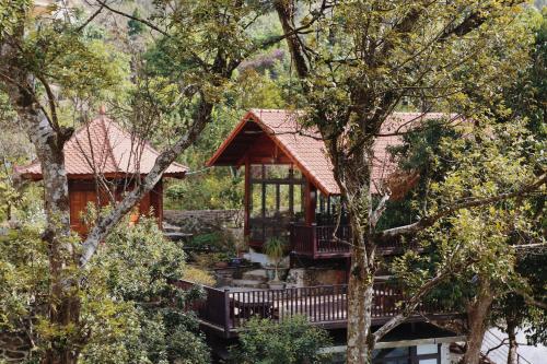 a house with a deck in the middle of trees at Samma Stay Tam Đảo in Tam Ðảo