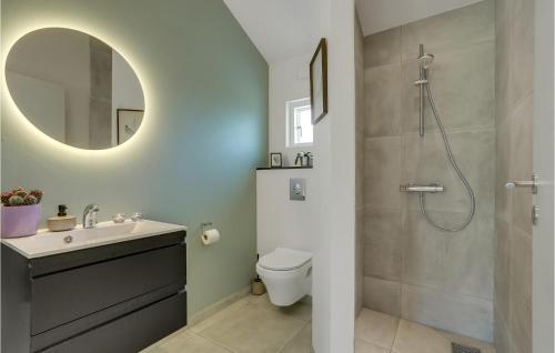 a bathroom with a shower and a toilet and a sink at Nice Home In Frvang With Wifi in Fårvang