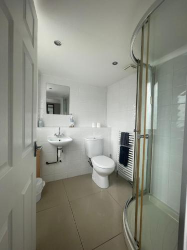 a white bathroom with a toilet and a sink at Rooms at 31 in Stonehaven