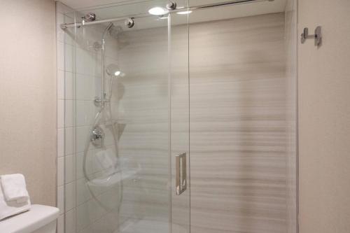 a shower with a glass door in a bathroom at Minneapolis Marriott West in Saint Louis Park