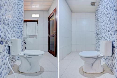 twee afbeeldingen van een badkamer met toilet bij Capital O 90428 Remington Hotel in Palembang