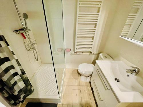 une salle de bain avec une douche, des toilettes et un lavabo dans l'établissement Studio rénové pour 2 pers, Centre Port, proche plage, parking inclus - Cap d'Agde - FR-1-723-13, au Cap d'Agde