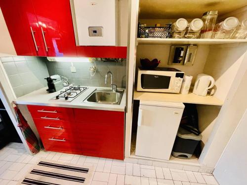 une petite cuisine avec des armoires rouges et un évier dans l'établissement Studio rénové pour 2 pers, Centre Port, proche plage, parking inclus - Cap d'Agde - FR-1-723-13, au Cap d'Agde