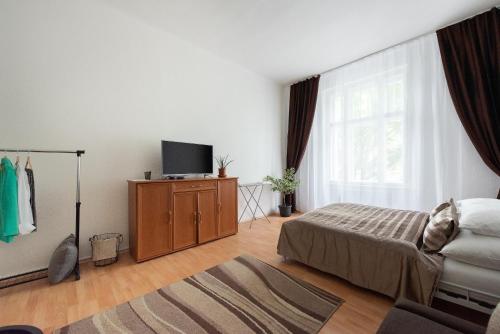 a bedroom with a bed and a flat screen tv at Prague - Karlin Apartments in Prague