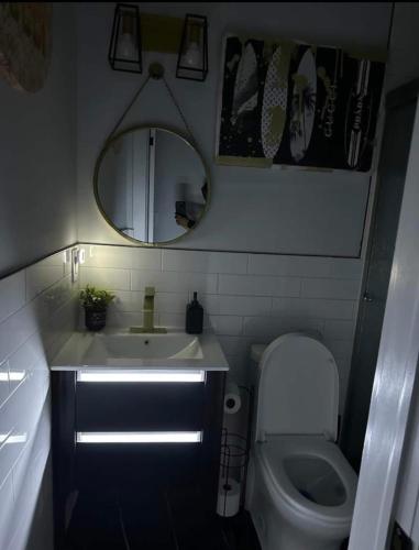 a bathroom with a sink and a toilet and a mirror at STEPH VACATION HOME in Brooklyn