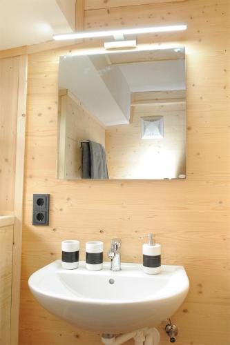 a bathroom with a white sink and a mirror at Ferienhof Holzmeister in Sankt Jakob in Haus