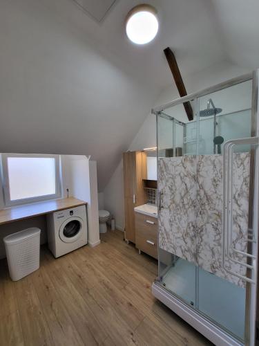 une salle de bain avec douche et machine à laver dans l'établissement La maison des vacances 8 personnes, à Ghyvelde