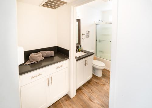 a white bathroom with a toilet and a sink at Koreatown 1 Bedroom Close to Downtown LA in Los Angeles
