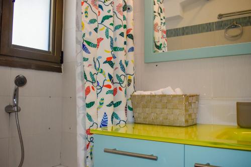una cucina con lavandino e tenda per la doccia di Zoe's Flat Megali Ammos a Città di Skiathos