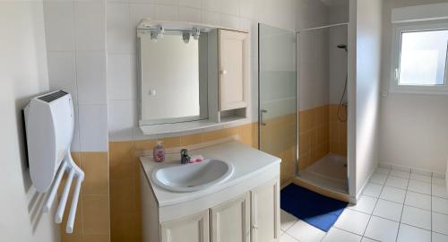 a bathroom with a white sink and a shower at Gîte de Vacances Maison 6 personnes - Clairvaux les Lacs, Jura in Clairvaux-les-Lacs