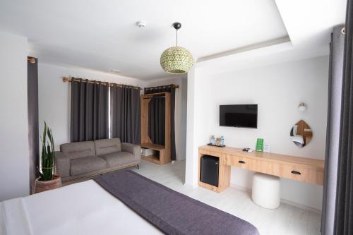 a living room with a couch and a television at WEST HOUSE EXCLUSIVE HOTEL in Göcek