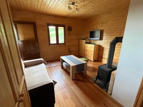 una pequeña sala de estar con estufa de leña en una cabaña en Domek u Freda en Posada Górna