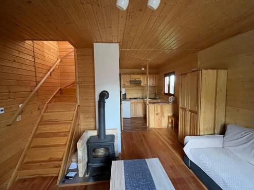 una habitación con estufa de leña en una casa pequeña en Domek u Freda en Posada Górna