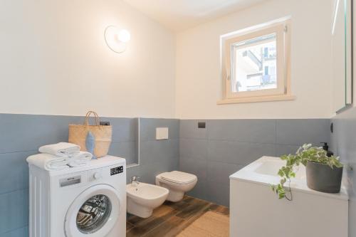 a bathroom with a washing machine and a toilet at Misultin House & Swimming pool, Luxury in Lake Como by Rent All Como in Pianello Del Lario