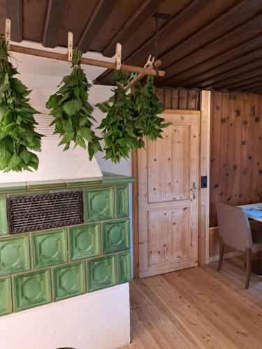 a room with a table and a plant hanging from the ceiling at Ferienhof Holzmeister in Sankt Jakob in Haus