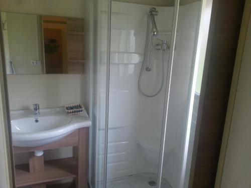 y baño blanco con lavabo y ducha. en Camping Covadonga, en Soto de Cangas