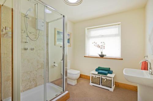 a bathroom with a shower and a toilet and a sink at Port Arthur Cottage in Knaresborough