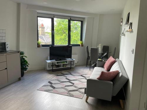 a living room with a couch and a tv at Modern Suite- Bedford City centre with free gym & parking in Bedford