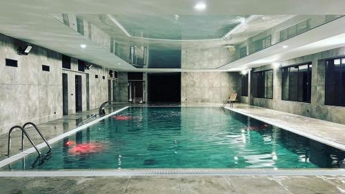 a large swimming pool with green water in a building at Apartament Skorpion Marina & Spa Sagaris Dziwnów in Dziwnów