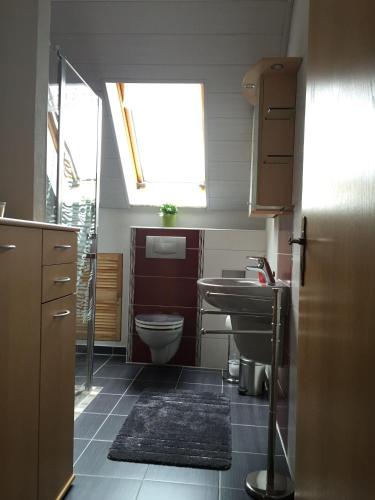 a bathroom with a sink and a toilet and a window at FeWo-Schmidt-im-Erzgebirge in Gelenau