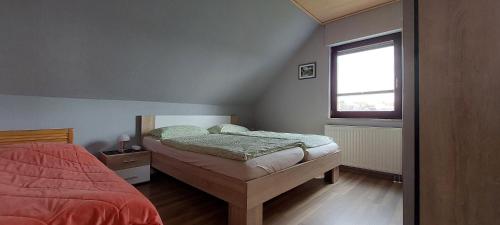 Schlafzimmer mit einem Bett und einem Fenster in der Unterkunft FeWo Schmidt im Erzgebirge in Gelenau