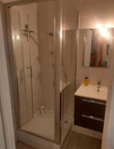 une salle de bain avec douche et lavabo dans l'établissement Location Grande Motte vacances, à La Grande Motte