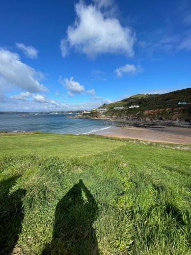 um campo de relva com uma praia e o oceano em Bumble Bee Cottage em Plymouth