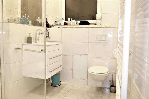 uma casa de banho branca com um WC e um lavatório em SPACIOUS for BIG GROUPS OKTOBERFEST / BAUMA em Munique