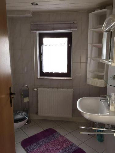 een badkamer met een wastafel en een raam bij Ferienwohnung-Schmidt-2 in Gelenau