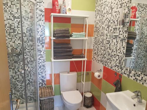 Un baño con ducha, inodoro y lavabo. en Guest House Grāvju 11, en Jūrmala