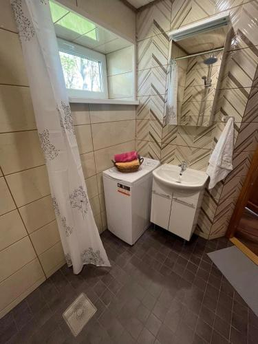 a bathroom with a sink and a toilet and a mirror at Vahtra allee külalismaja in Roodevälja