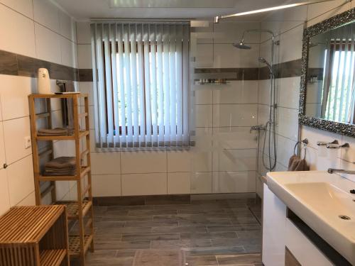 a bathroom with a shower and a sink at Haus Fjord in Am See