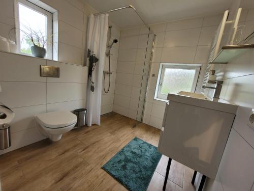 La salle de bains est pourvue de toilettes, d'un lavabo et d'une fenêtre. dans l'établissement B&B Villa Giethoorn - canalview, privacy & parking, à Giethoorn