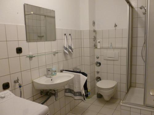 a bathroom with a sink and a toilet and a shower at Ostsee Ferienwohnung in Schönberg inkl. 2 Leihfahrräder in Schönberg in Holstein
