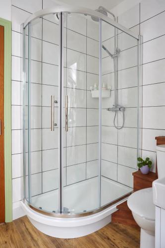 a shower with a glass door in a bathroom at Puckaster Cove Cabin in Niton