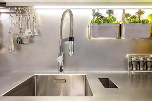 einer Küchenspüle aus Edelstahl mit zwei Topfpflanzen in der Unterkunft II-I Hub Luxury New Apartments in Barcelona