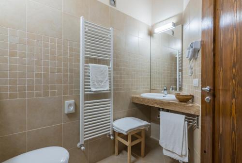 een badkamer met een toilet, een wastafel en een spiegel bij Collina dei Poeti in Santarcangelo di Romagna