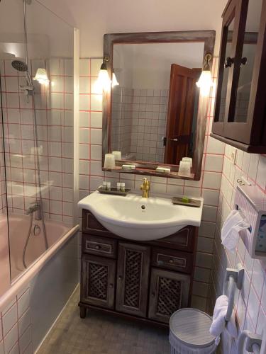 a bathroom with a sink and a shower and a mirror at Maison d’hôtes les Méans in Méolans