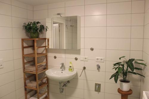y baño con lavabo y espejo. en Gasthof Klosterkeller en Kronach