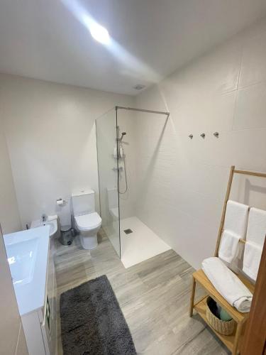 a bathroom with a toilet and a glass shower at PLACIDO RIVER HOUSE APARTAMENTO in Ponte da Barca
