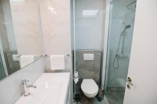 La salle de bains est pourvue de toilettes, d'un lavabo et d'une douche. dans l'établissement Hotel Slavija Lux, à Belgrade