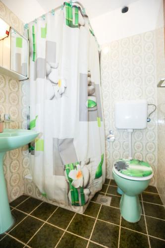 a bathroom with a toilet and a shower curtain at Beachfront Rooms Veli Kamik in Božava