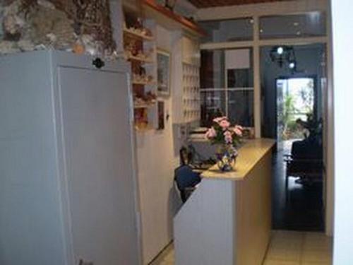 a kitchen with a counter with a vase of flowers at Galini Pension in Ios Chora